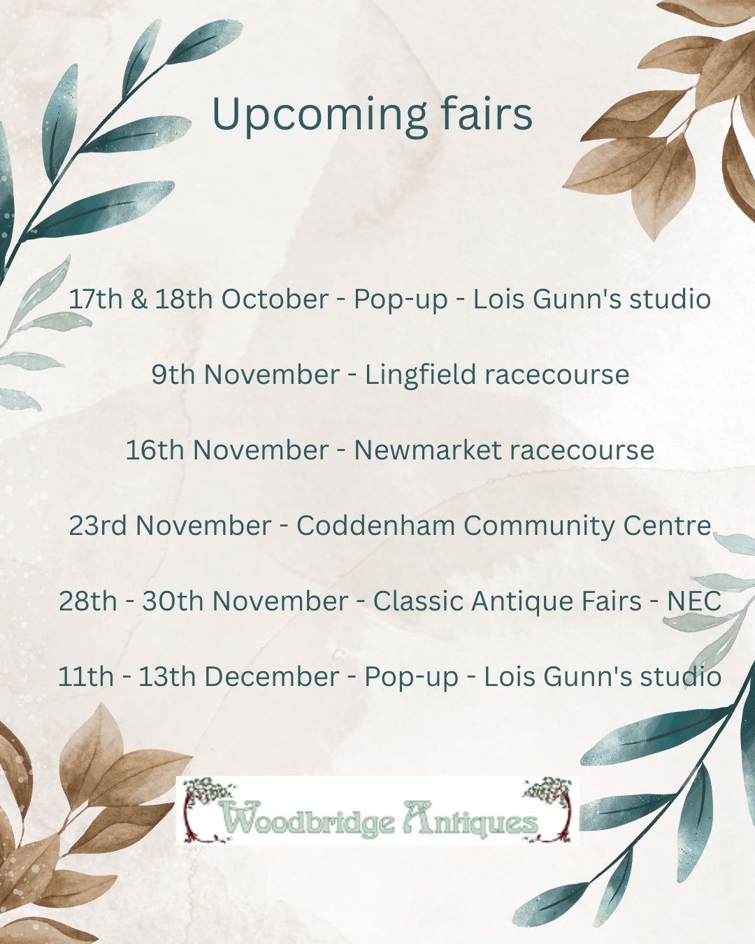 List of upcoming antiques fairs & pop-up shop dates